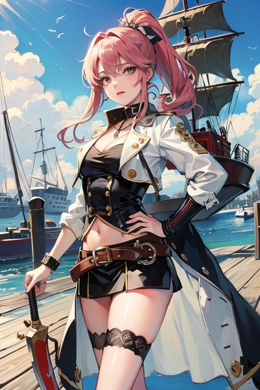 create a 25-year-old anime girl in pirate clothing with a miniskirt in a landscape of a dock and pirate ships holding a pirate sword