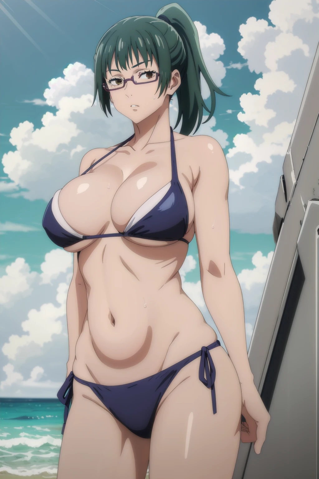 1girl, beautiful ,zenin_maki,ponytail,glasses,bangs,green hair,brown eyes, looking at the viewer, blue theme, blue background, cloudy sky, sunlight, sweat, orgasmic, bikini swimsuit, large breasts, cleavage, belly button exposed, collarbone, thighs, sea and beach,