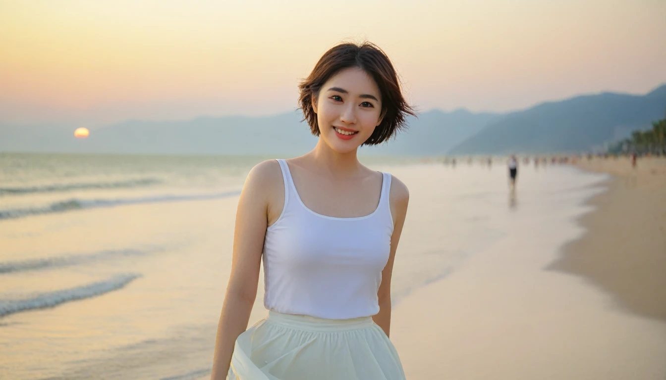 Beautiful Korean Woman, Chest size 34 inches, Wear sleeveless, light skirts, Looking at the sea from the beach at sunset. beautiful pretty woman look , wearing a light skirt , Go far into the sea water and soak your feet, wet,burning sunset light, Short medium hair blowing in the wind, 1 woman, beautiful eyes, A slight smile, Danang Beach, Vietnam, palm trees visible, Taken from afar with a wide angle lens. uhd
