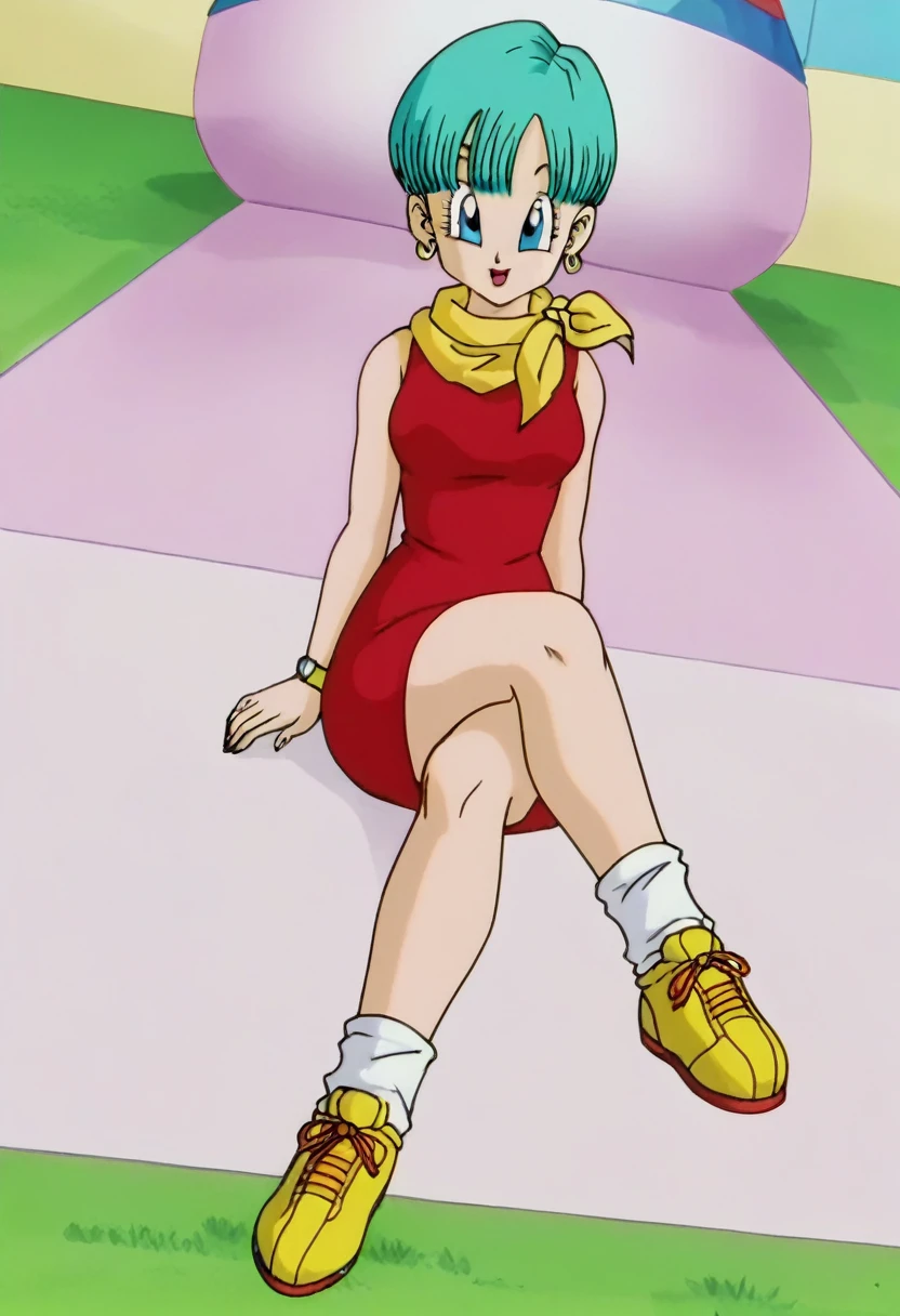 fountain_cheered up, score_9, score_8_above, score_7_above, cheered up screencap,
BULMA, 1 girl, Alone, buu saga, aquamarine hair, very short hair, bowl cut, Blue eyes, wristwatch, yellow scarf, Red dress, sleeveless, loose socks, Yellow sneakers, Grass, Field, from below,
crossed legs