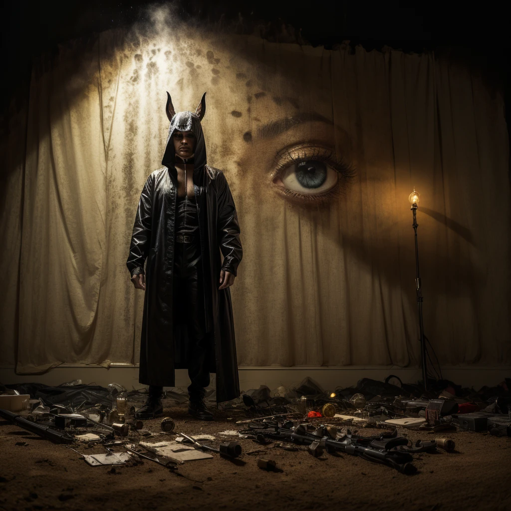 masterpiece, best quality, masterpiece, best quality, full body shot, halloween party background, Create a striking art piece featuring an edgy male in a Anubis costume, adorned in a dark and stylish ensemble, with sharp features, intense eyes, and a commanding posture, exuding an aura of malevolence and mystery that captivates and intimidates viewers, phenomenal aesthetic, sumptuous artwork, Photorealistic style, detailed color pallet black, gold fabric, yellow and blue.
