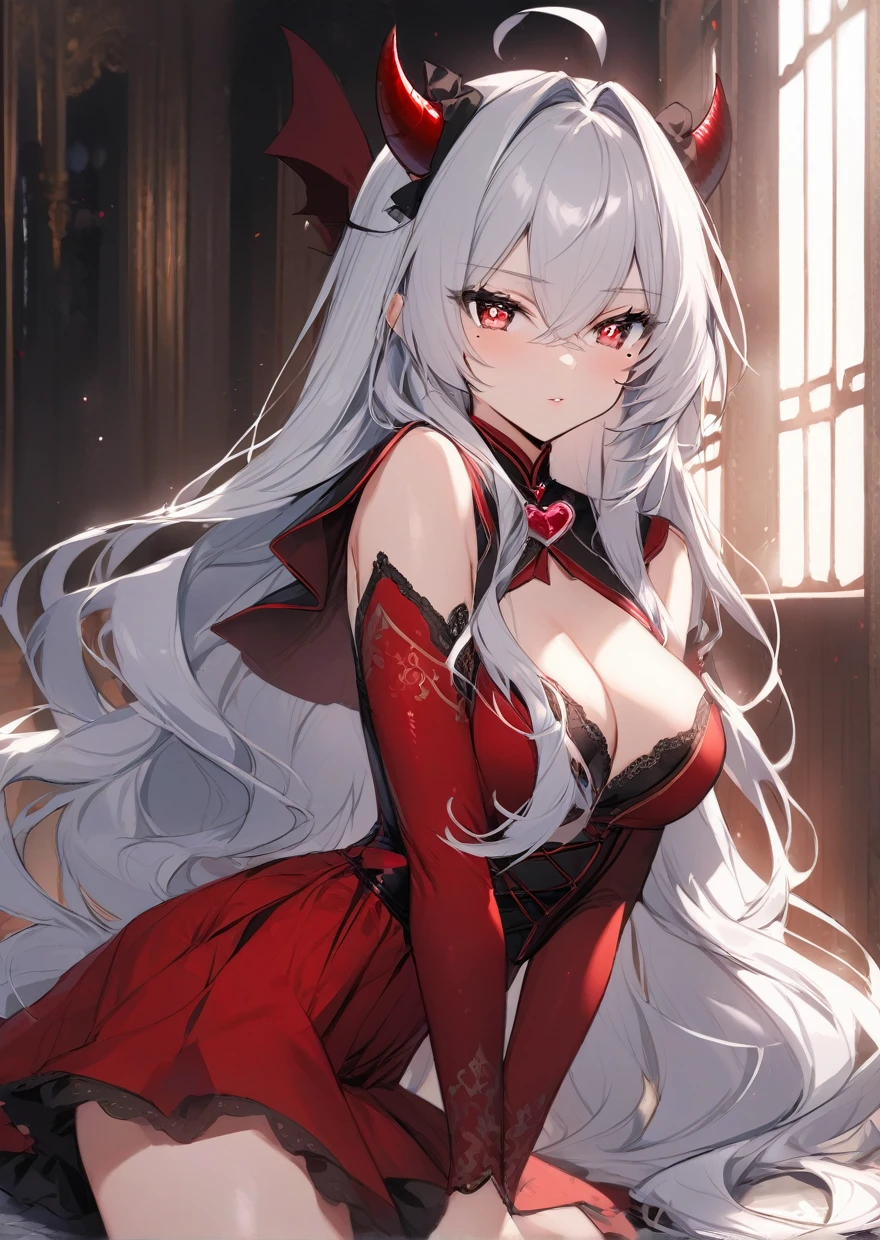 over1000favorite-quality,One girl,Ahoge,Ridiculously long hair,Hair between the eyes,Mole under the eye,seductive pose,Shining heart-shaped pupils,Devil horns,Devil's Tail,(((masterpiece))) (((Highest quality))) ,(masterpiece)), ((Highest quality)), (Super detailed), , (Lovely), ((Very detailed)), 4K, (8K), Highest quality, (beautiful),(((World Class Quality))), Very detailed, High resolution, (詳細な陰影のあるbeautiful顔), whole body, alone, (((Huge breasts))), (((Saggy breasts))),Shiny Hair, Shiny skin, Shining Cut,