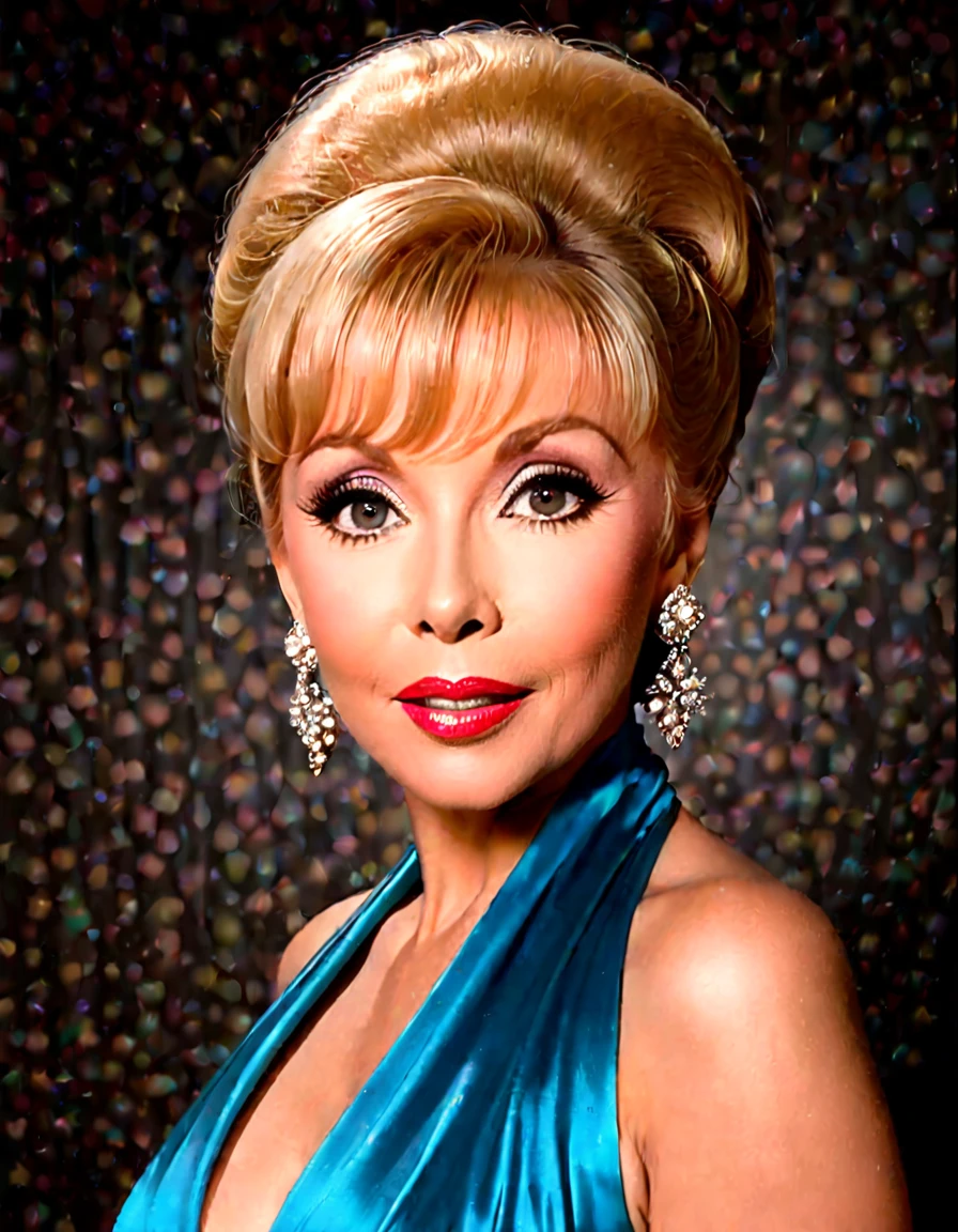 Generate a portrait of Barbara Eden exuding timeless elegance and vintage glamour. Envision her in a classic Hollywood setting with soft, flattering lighting. Emphasize her features with a touch of sophistication, perhaps inspired by the golden age of Hollywood. Ultra Realistic photo, vibrant colors, 16k