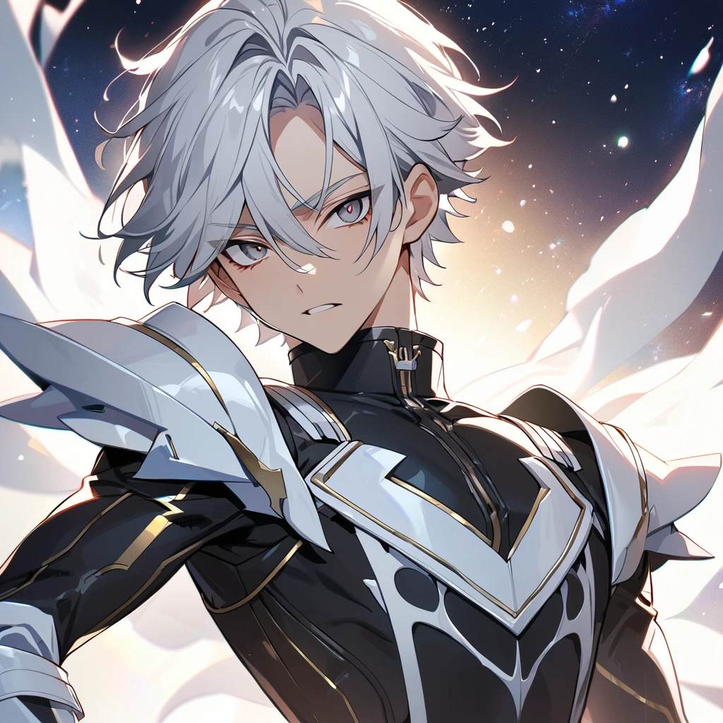 High quality, HD, 4k, no shadows, handsome male, 1male, 17 years old, teenager, golden lining, short white hair, sharp eyes, dark hazel eyes, deep hazel eyes, devil may cry, close up, calm expression, stoic expression, black leather clothes, white leather clothing, lean body, well trained body, upper body, looking at viewer, cowboy shot, white solar, space background