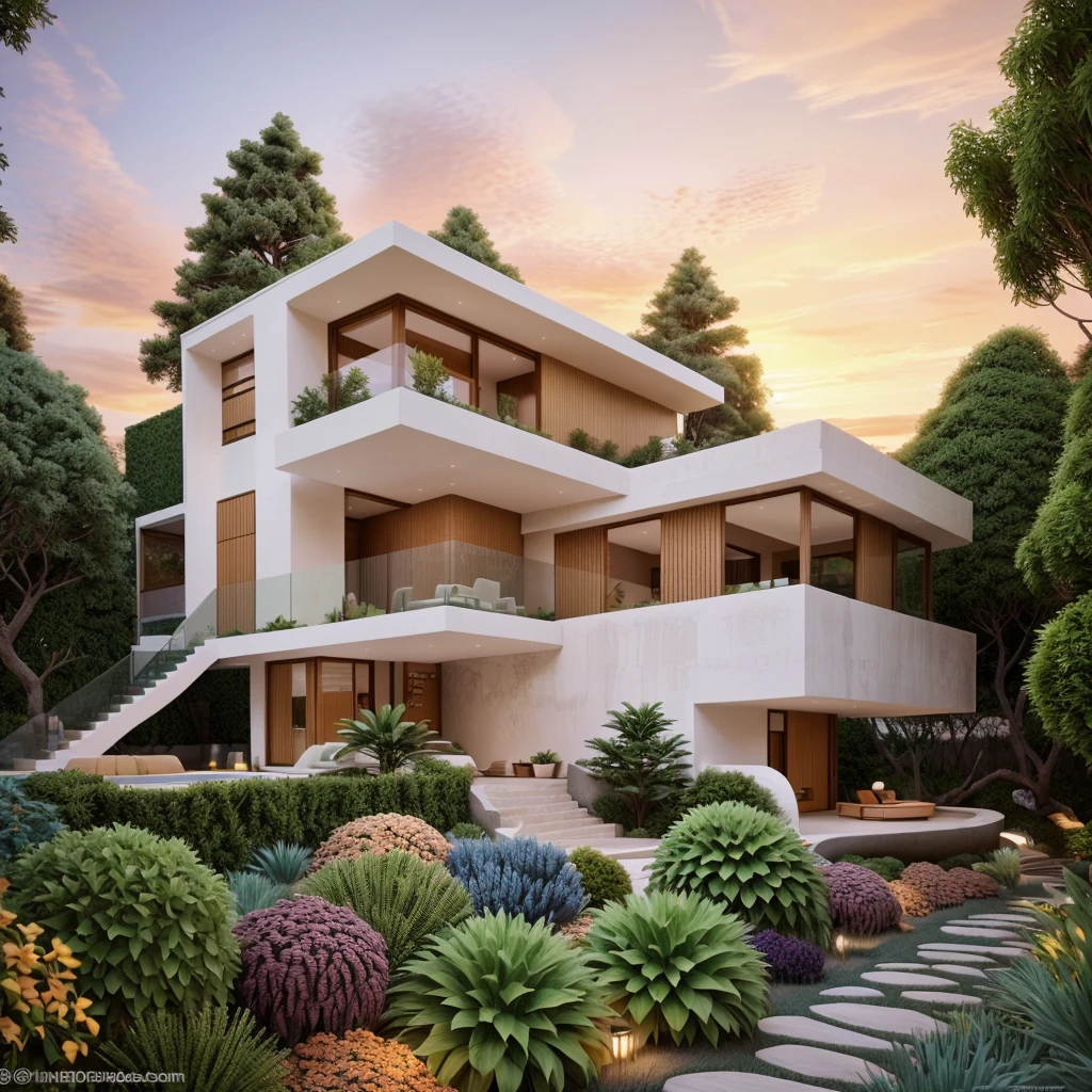 The MODERN HOUSE is located on the upper hill, (curly pathway in front of the house), white wall, concrete, glass windows, wood ceilings, lighting in the garden, ((big front yard)), court outside, pine forest, in the middle FALL, (((SUNSET)))