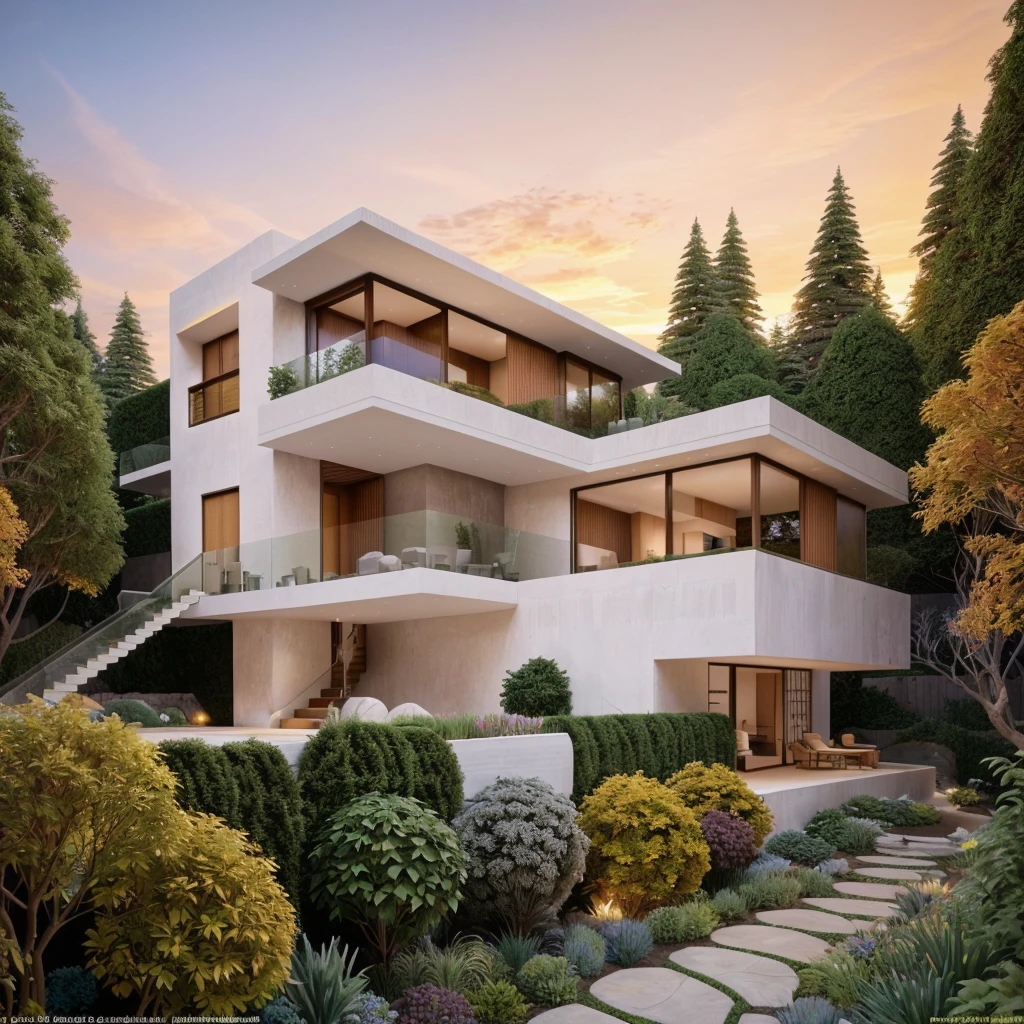 The MODERN HOUSE is located on the upper hill, (curly pathway in front of the house), white wall, concrete, glass windows, wood ceilings, lighting in the garden, ((big front yard)), court outside, pine forest, in the middle FALL, (((SUNSET)))