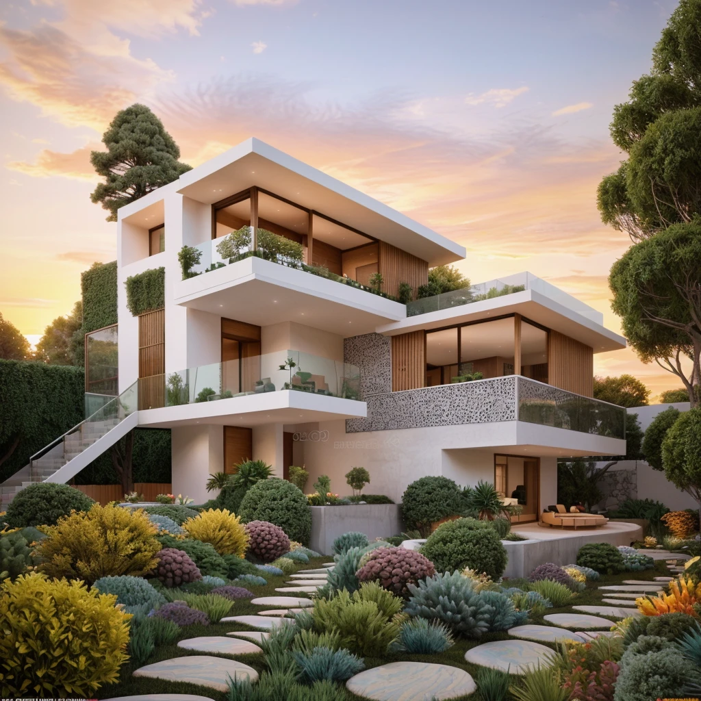 The MODERN HOUSE is located on the upper hill, (curly pathway in front of the house), white wall, concrete, glass windows, wood ceilings, lighting in the garden, ((big front yard)), court outside, pine forest, in the middle FALL, (((SUNSET)))