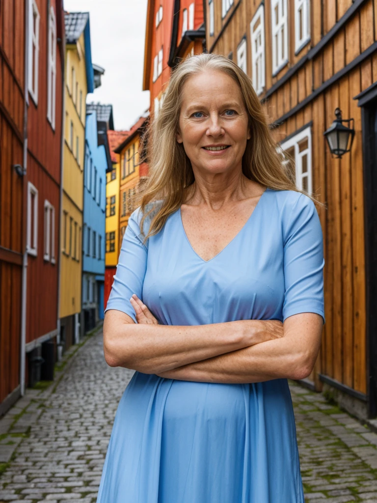 Liv Ullman, her name is Freydis, high quality, 1 old woman, ((50-year-old SLIM dutch woman)), ((50 years old)), (((wrinkled body))), ((((old body)))), (((LONG HAIR))), (((no make up))), (pale skin), (((blue eyes))), she is wearing stylish sundress Generation X wear different colors, POSE: standing, classy, elegant, BACKGROUND: outdoor: Bryggen, Bergen: Historic wooden buildings along the waterfront, with colorful facades and narrow alleyways.