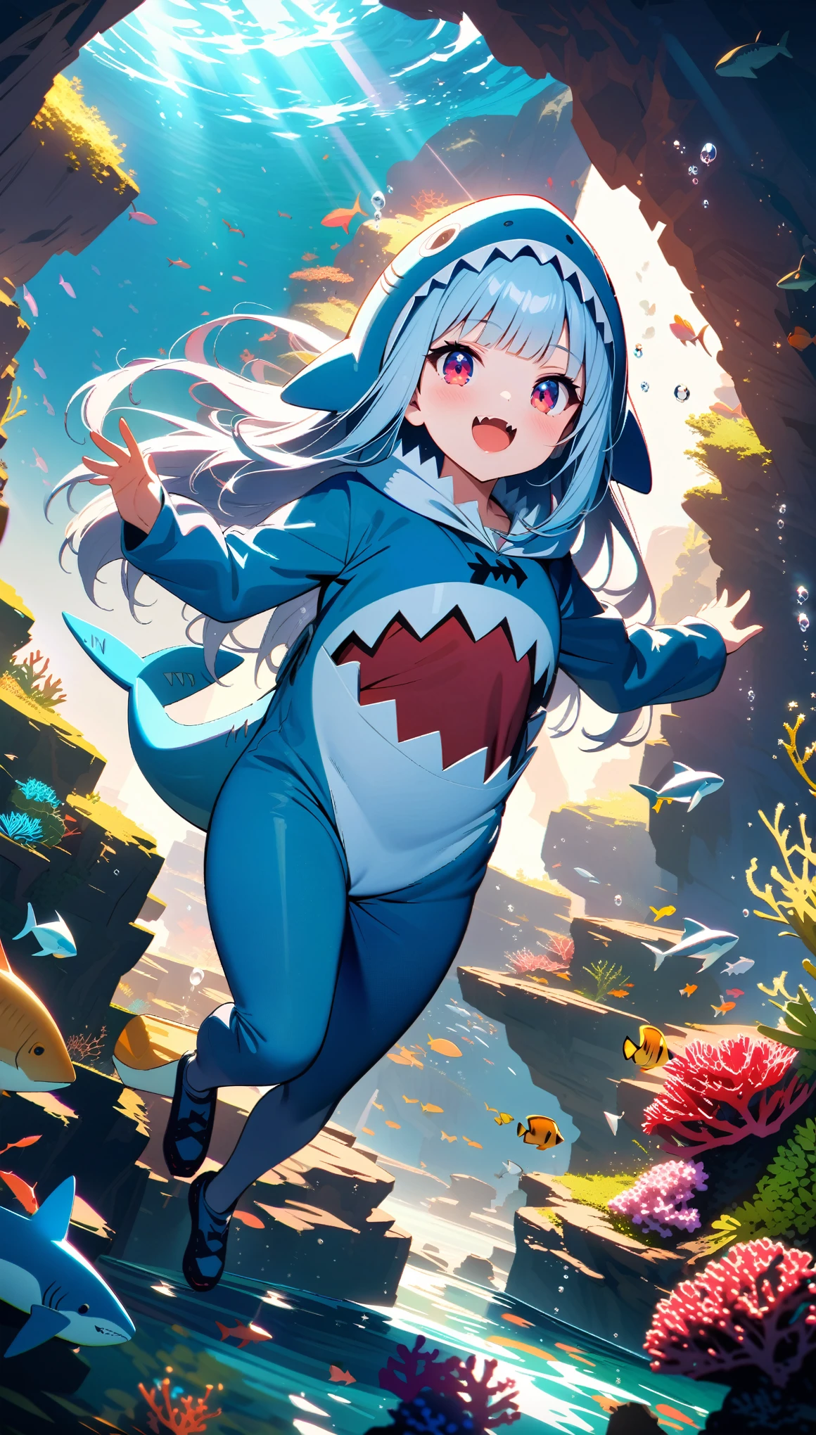 Masterpiece, Best Quality, Super Detailed, High Definition, HDR, Depth, Fine Texture, Super Fine, Complete concentration, (very pretty anime girl), cute woman, cute girl in shark costume, Shark Girl, light blue hair, hair highlights, blunt bangs, Slender high straight, long hair, dream world, fair skin, young lady, scarlet eyes, lipstick, long eyelashes, thick eyelashes, (baby Shark costume, light blue), soft light and shadow, beautiful detailed eyes, beautiful detailed lips, extremely detailed eyes and face, smiling in a confident, gentle smile, Cinematic light, vibrant colors, vivid colors, professional, ultra-detailed, intricate details, volumetric lighting, lens flare, particles, white and light blue colours scheme, open mouth, fangs, underwater scene, ocean background, coral reef, sunlight filtering through water, full body