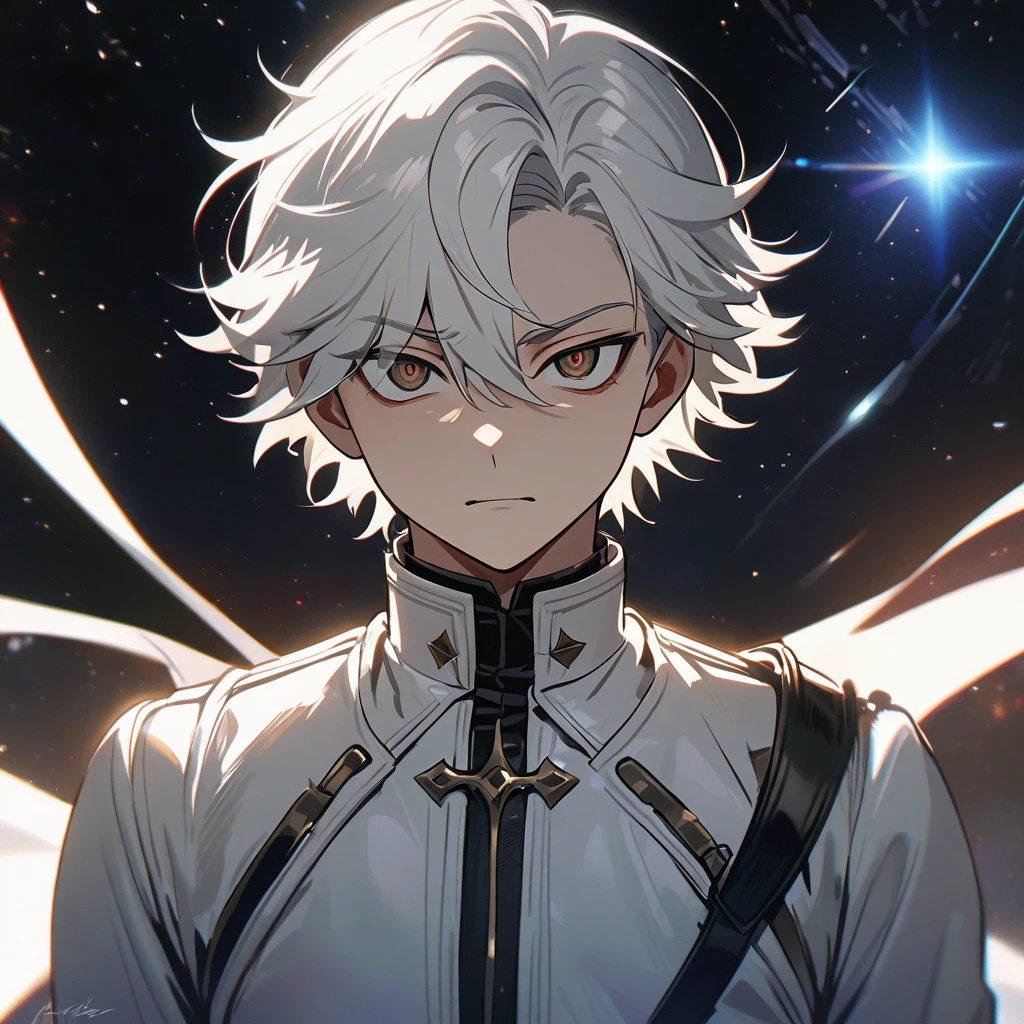 High quality, HD, 4k, no shadows, handsome male, 1male, 17 years old, teenager, golden lining, short white hair, sharp eyes, dark hazel eyes, deep hazel eyes, devil may cry, close up, calm expression, stoic expression, black leather clothes, white leather clothing, lean body, well trained body, upper body, looking at viewer, cowboy shot, white solar, space background
