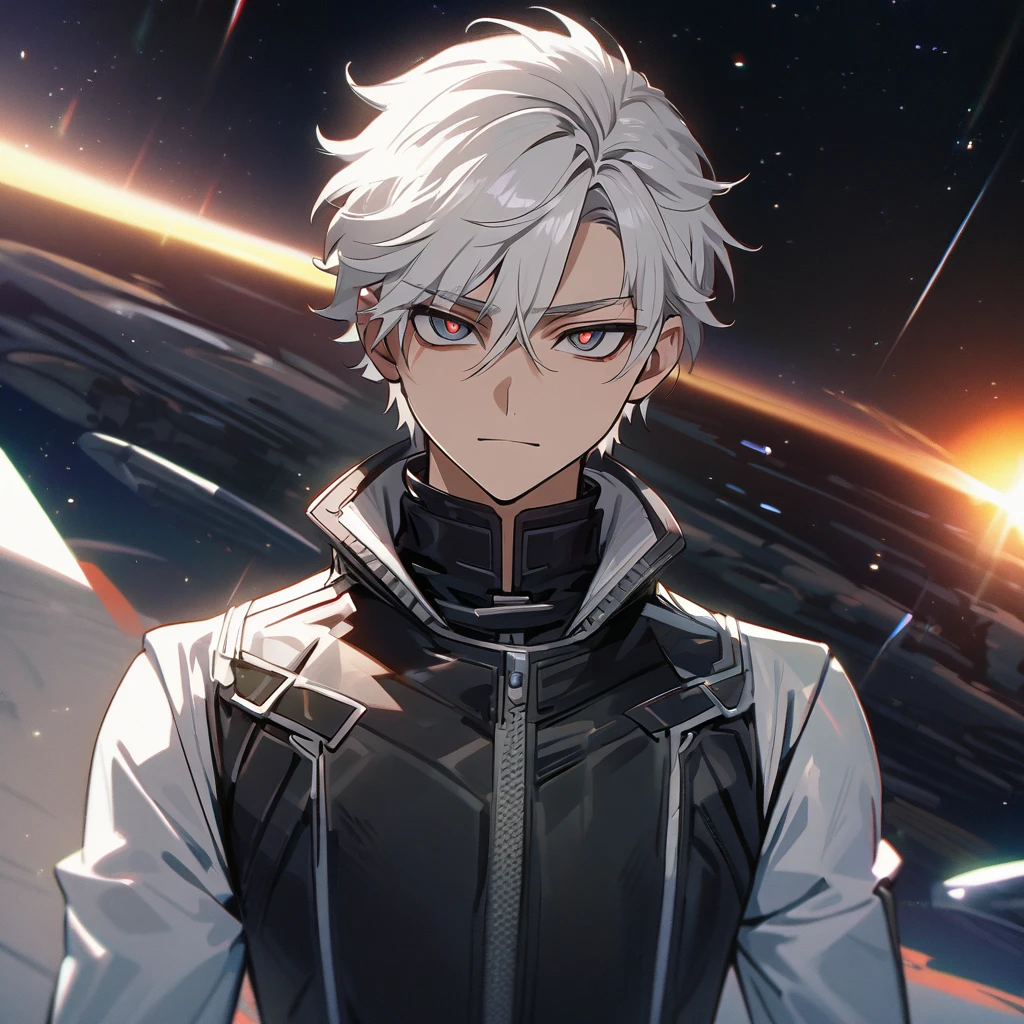 High quality, HD, 4k, no shadows, handsome male, 1male, 17 years old, teenager, golden lining, short white hair, sharp eyes, dark hazel eyes, deep hazel eyes, devil may cry, close up, calm expression, stoic expression, black leather clothes, white leather clothing, lean body, well trained body, upper body, looking at viewer, cowboy shot, white solar, space background