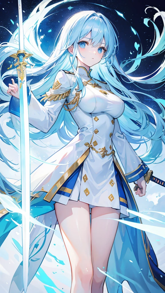 light sky blue hair, expressionless, neat white uniform, holding a sword, very large breasts, long straight hair