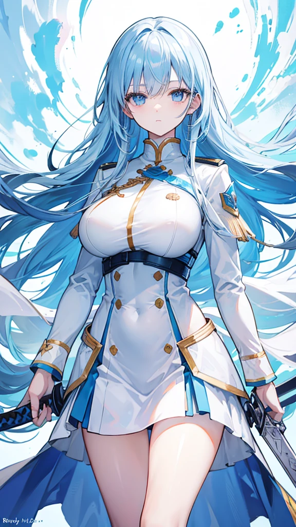 light sky blue hair, expressionless, neat white uniform, holding a sword, very large breasts, long straight hair
