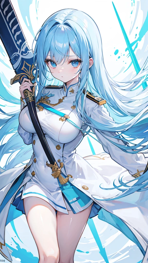 light sky blue hair, expressionless, neat white uniform, holding a sword, very large breasts, long straight hair