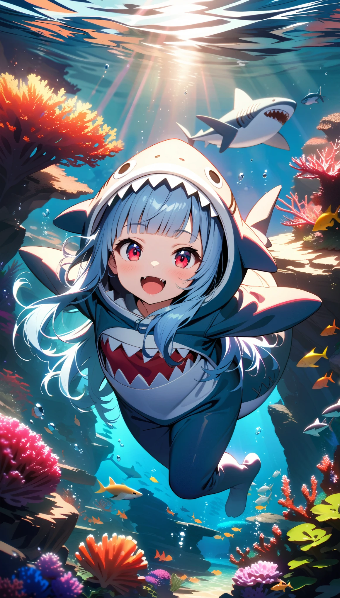 Masterpiece, Best Quality, Super Detailed, High Definition, HDR,  Depth, Fine Texture, Super Fine, Complete concentration, (very pretty anime girl), cute woman, cute girl in shark costume, Shark Girl, light blue hair, hair highlights, blunt bangs, Slender high straight, long hair, dream world, fair skin, young lady, scarlet eyes, lipstick, long eyelashes, thick eyelashes, (baby Shark costume, light blue), soft light and shadow, beautiful detailed eyes, beautiful detailed lips, extremely detailed eyes and face, smiling in a confident, gentle smile, Cinematic light, vibrant colors, vivid colors, professional, ultra-detailed, intricate details, volumetric lighting, lens flare, particles, white and light blue colours scheme, open mouth, fangs, underwater scene, ocean background, coral reef, sunlight filtering through water, full body