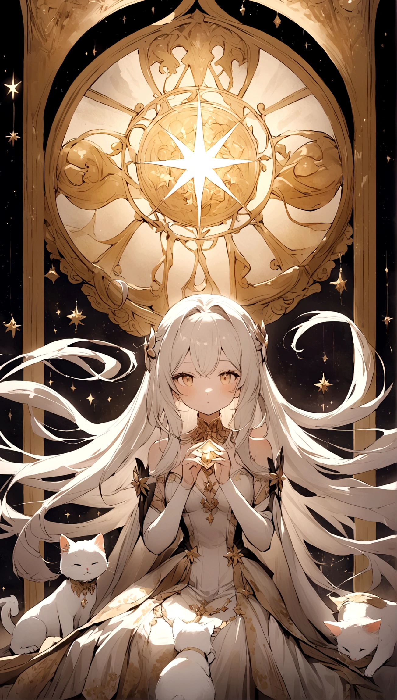 A beautiful long-haired cute white cat enjoying a tarot card reading,moonlight,A fantastic and mysterious background with starlight