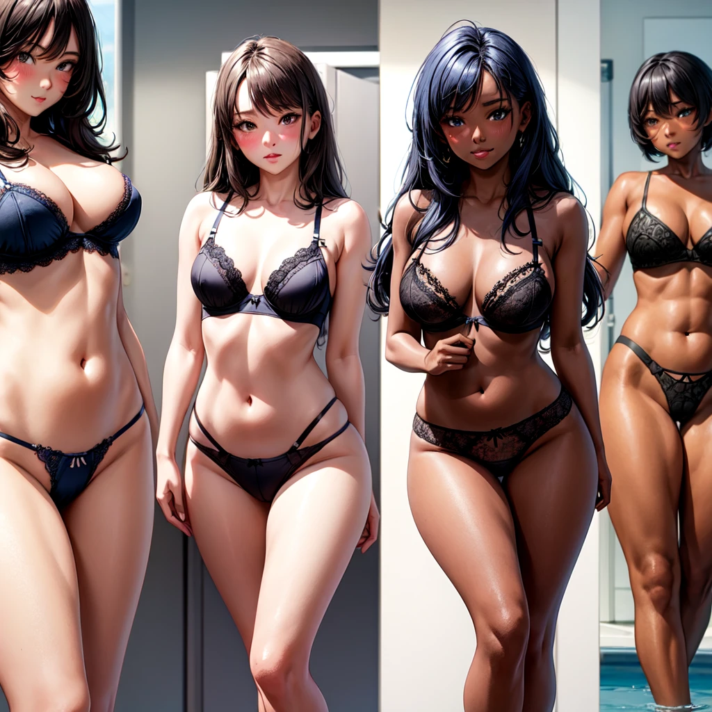 dark skin, lace lingerie, blushed