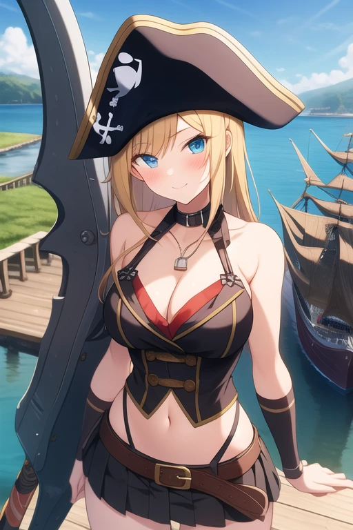 create a 25-year-old anime girl in pirate clothing with a miniskirt in a landscape of a dock and pirate ships holding a pirate sword