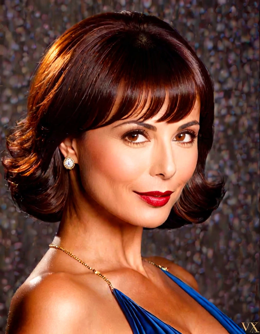 Generate a portrait of Catherine Bell exuding timeless elegance and vintage glamour. Envision her in a classic Hollywood setting with soft, flattering lighting. Emphasize her features with a touch of sophistication, perhaps inspired by the golden age of Hollywood. Ultra Realistic photo, vibrant colors, 16k