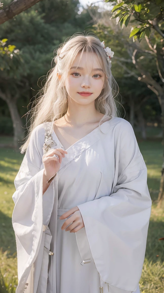 masterpiece, best quality, 1girl, solo, long hair, looking at viewer, smile, bangs, hair ornament, red eyes, long sleeves, dress, standing, collarbone, white hair, grey hair, alternate costume, wide sleeves, tree, chinese clothes, hairpin, hanfu, ningguang (genshin impact), Ningguang,