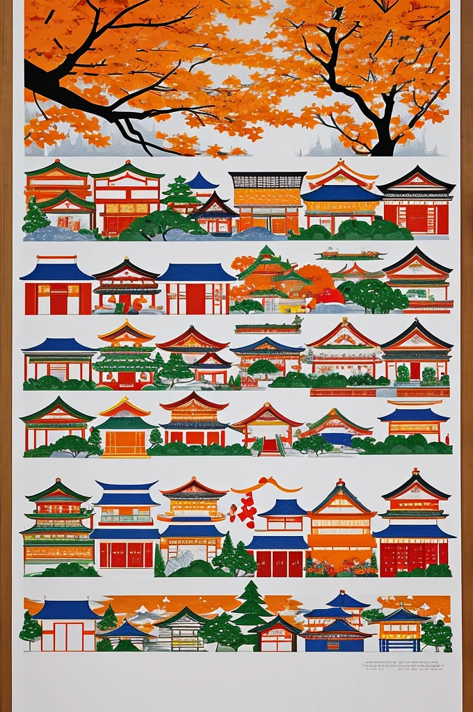 Divide an A4 sheet of paper into thirds、Each one is a Japanese festival in the style of modern art.、Halloween、Draw a Christmas scene。Please do not draw people。