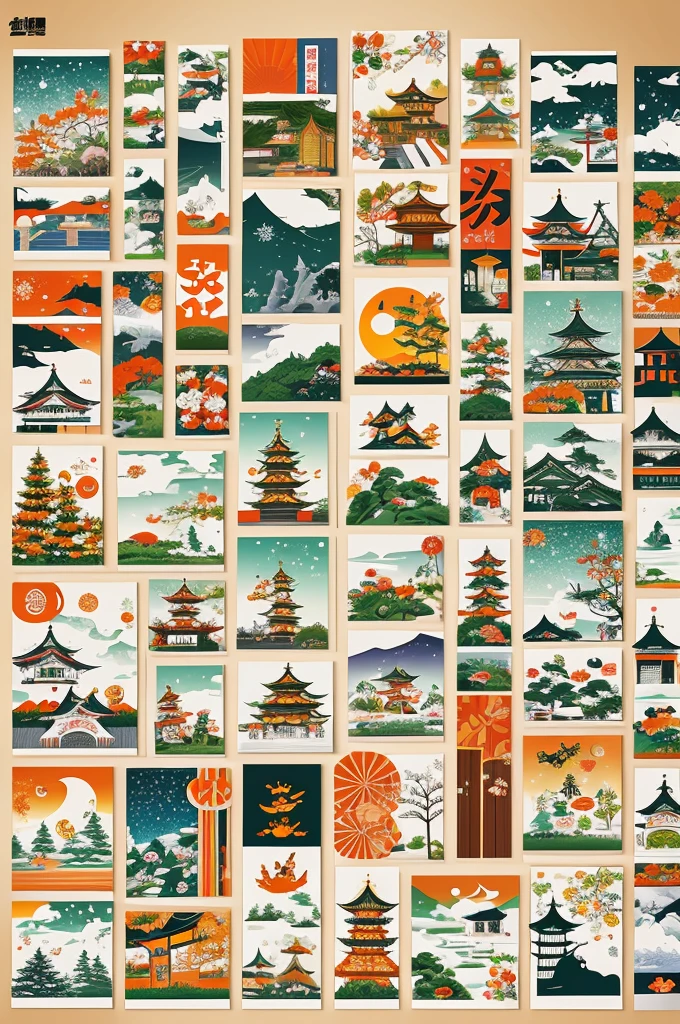 Divide an A4 sheet of paper into thirds、Each one is a Japanese festival in the style of modern art.、Halloween、Draw a Christmas scene。Please do not draw people。
