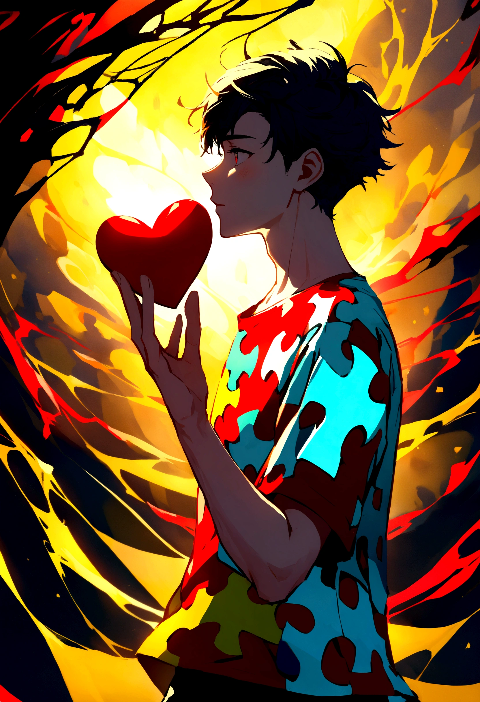 create age boy in profile with a red puzzle shirt, turquoise blue and light yellow holding a heart