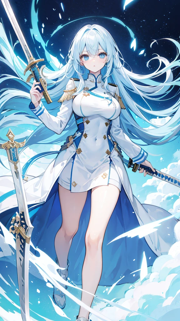 light sky blue hair, expressionless, neat white uniform, holding a sword, very large breasts, long straight hair
