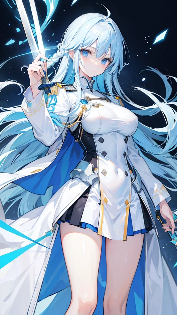 light sky blue hair, expressionless, neat white uniform, holding a sword, very large breasts, long straight hair
