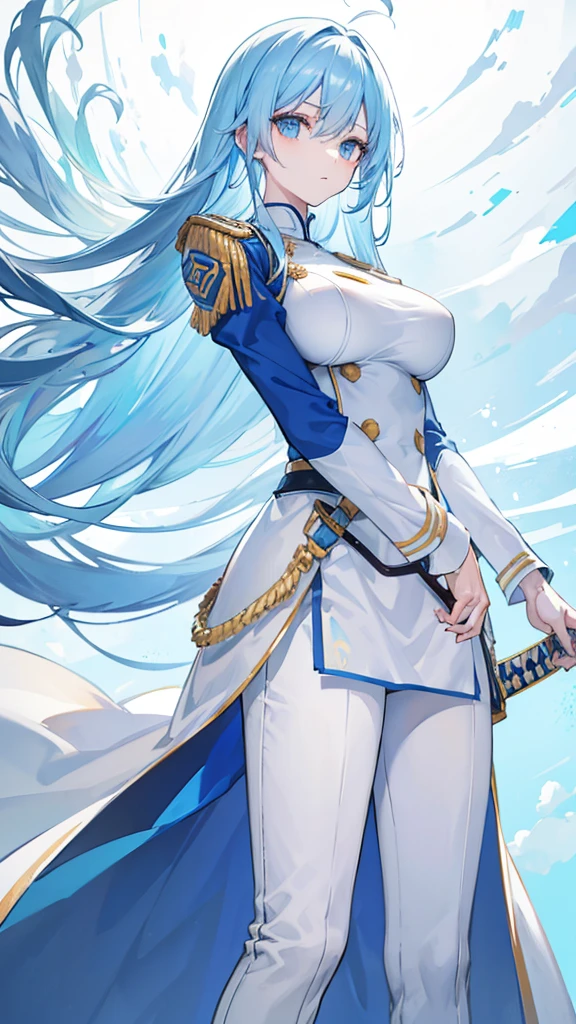 light sky blue hair, expressionless, neat white uniform, holding a sword, very large breasts, long straight hair
