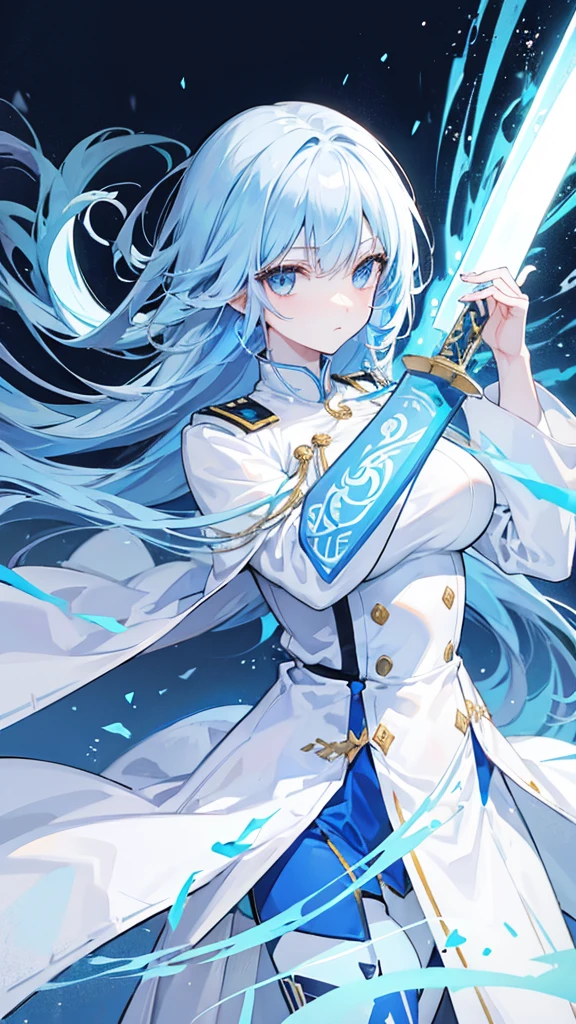 light sky blue hair, expressionless, neat white uniform, holding a sword, very large breasts, long straight hair
