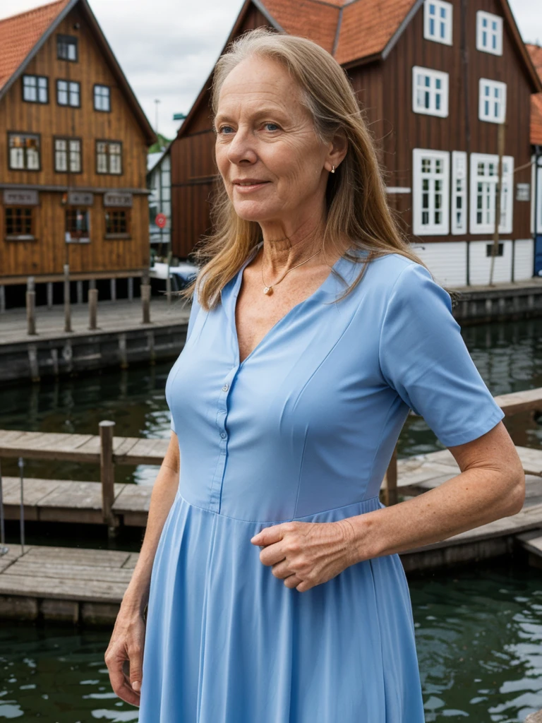 Liv Ullman, her name is Freydis, high quality, 1 old woman, ((50-year-old SLIM dutch woman)), ((50 years old)), (((wrinkled body))), ((((old body)))), (((LONG HAIR))), (((no make up))), (pale skin), (((blue eyes))), she is wearing stylish sundress Generation X wear different colors, POSE: standing, classy, elegant, BACKGROUND: outdoor: Bryggen, Bergen: Historic wooden buildings along the waterfront.