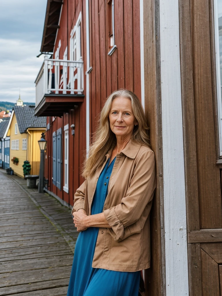 Liv Ullman, her name is Freydis, high quality, 1 old woman, ((50-year-old SLIM dutch woman)), ((50 years old)), (((wrinkled body))), ((((old body)))), (((LONG HAIR))), (((no make up))), (pale skin), (((blue eyes))), she is wearing stylish sundress Generation X wear different colors, POSE: standing, classy, elegant, BACKGROUND: outdoor: Bryggen, Bergen: Historic wooden buildings along the waterfront.