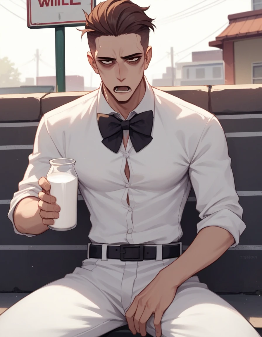 , score_9,score_8_up,score_7_up, source_cartoon, source_anime, a tall slender white male, adult male, tired expression, square face, handsome, jaw line, brown eyes, square nose, eyes half open, bags under his eyes, short dark brown hair slicked back, wearing white baggy button up shirt, white pants, black belt, sitting on a curb, holding a bottle of milk, mouth open, tired, black bow tie,
