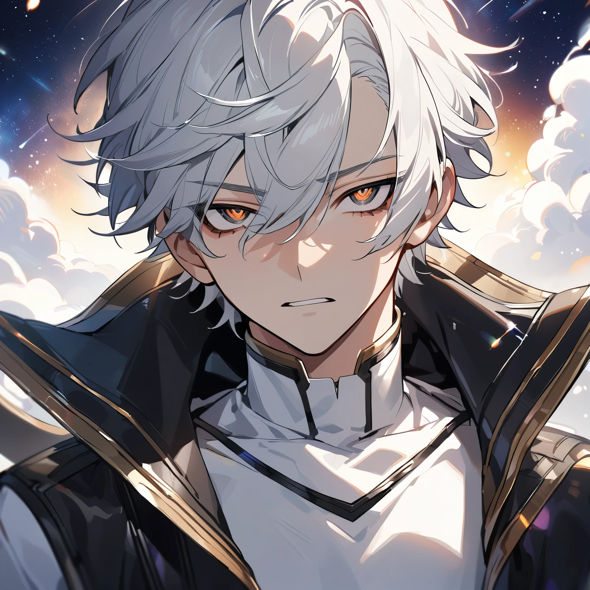 High quality, HD, 4k, no shadows, handsome male, 1male, 17 years old, teenager, golden lining, short white hair, sharp eyes, dark hazel eyes, deep hazel eyes, devil may cry, close up, calm expression, stoic expression, black leather clothes, white leather clothing, lean body, well trained body, upper body, looking at viewer, cowboy shot, white solar, space background