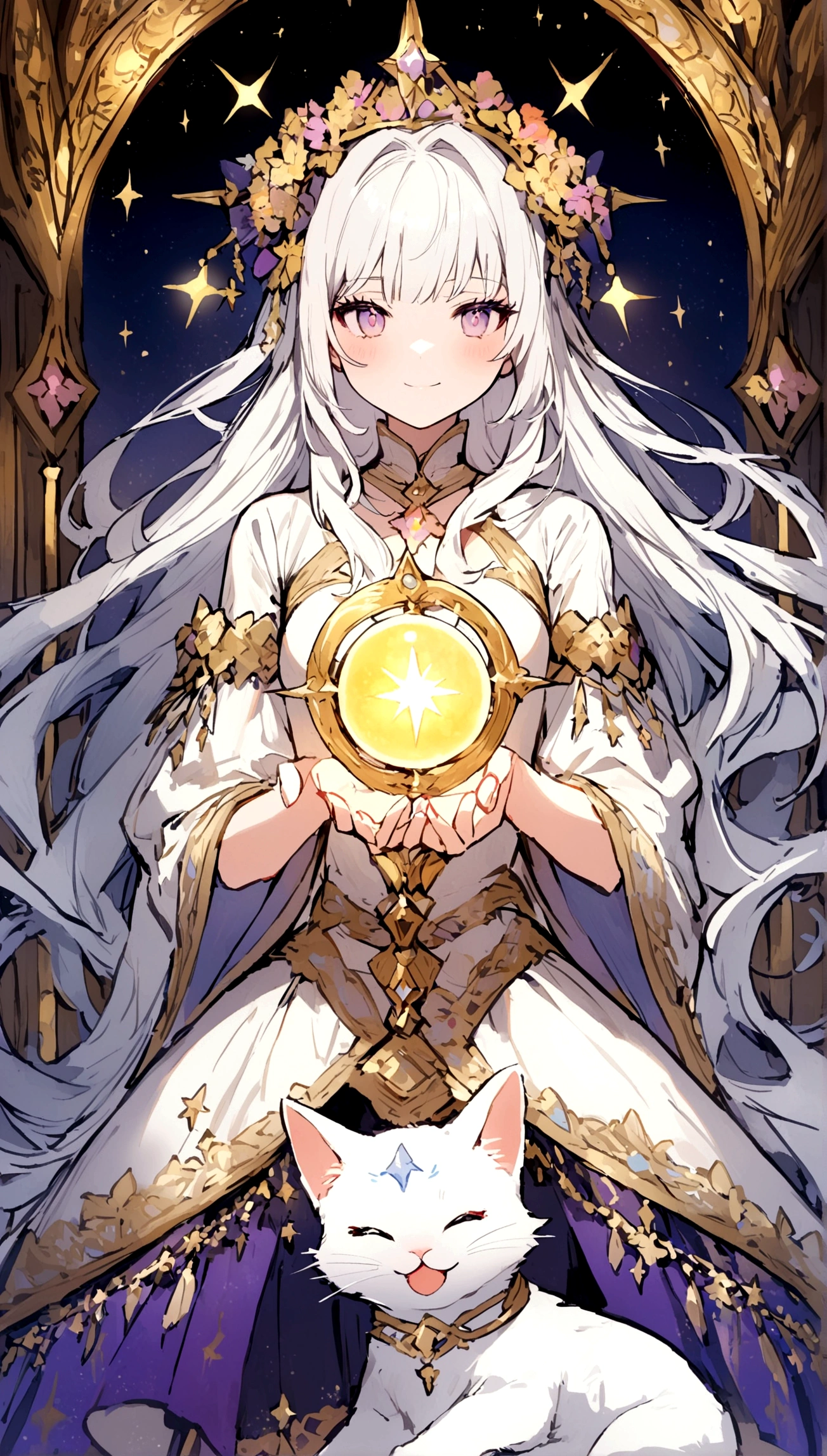 A beautiful long-haired cute white cat enjoying a tarot card reading,moonlight,A fantastic and mysterious background with starlight