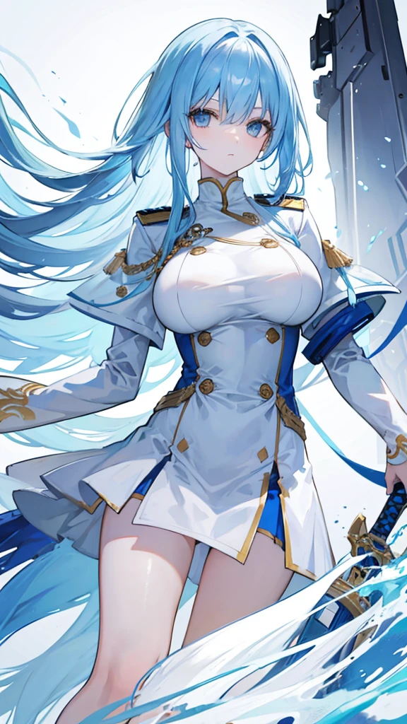 light sky blue hair, expressionless, neat white uniform, holding a sword, very large breasts, long straight hair
