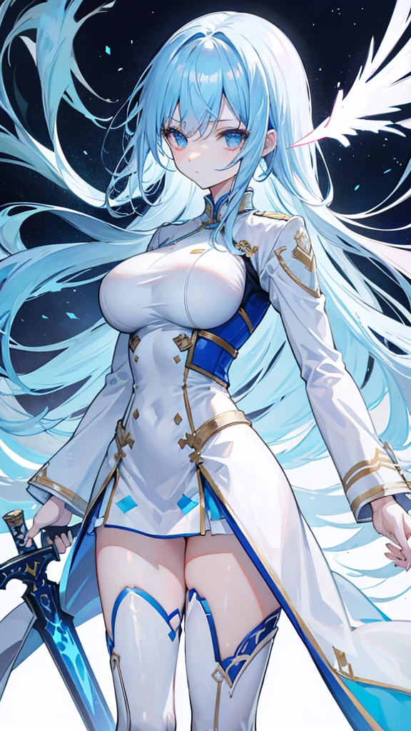 light sky blue hair, expressionless, neat white uniform, holding a sword, very large breasts, long straight hair
