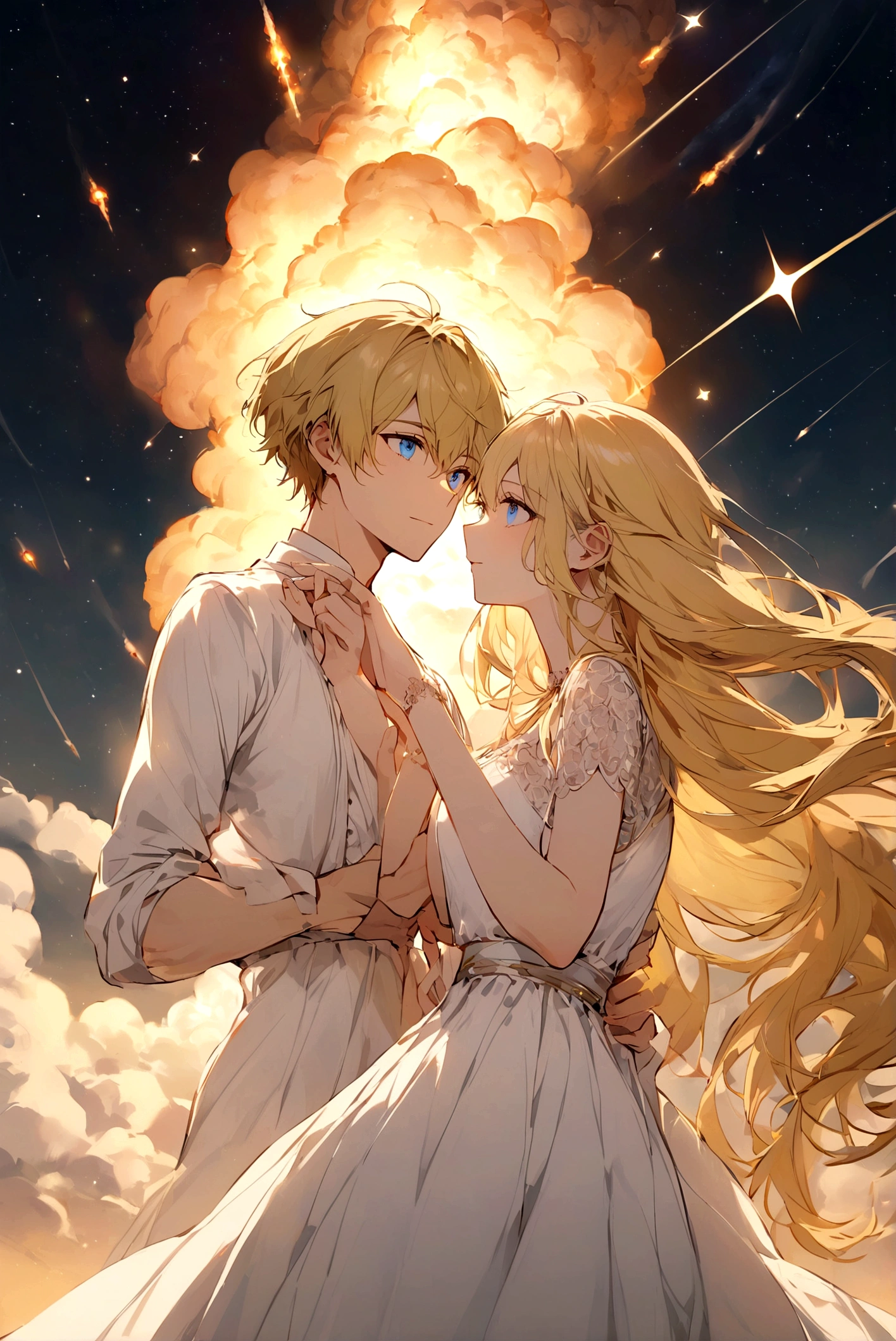 Male, short hair, blonde, white shirt, looking women see star in the sky with Gf long hairs, meteor, white dress, blue eyes. 