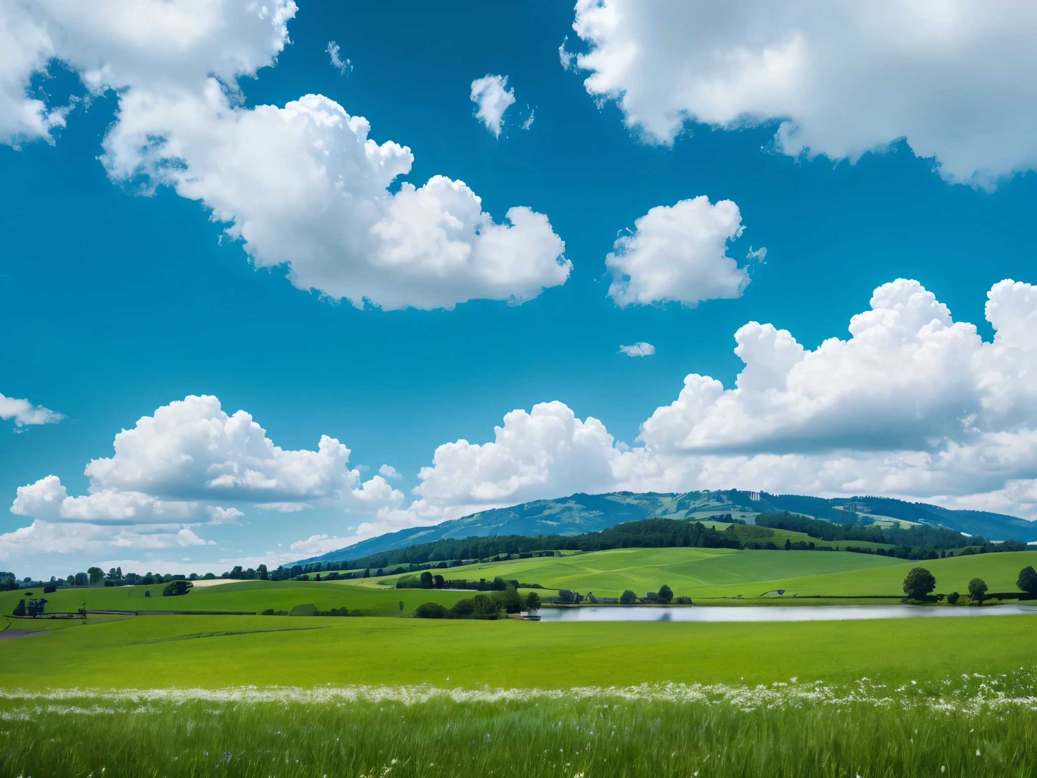 a beautiful blue sky with fluffy white clouds, serene landscape, (best quality,4k,8k,highres,masterpiece:1.2),ultra-detailed,(realistic,photorealistic,photo-realistic:1.37),dramatic lighting,vibrant colors,picturesque scenery,peaceful atmosphere,stunning scenery,idyllic countryside,environmental portrait