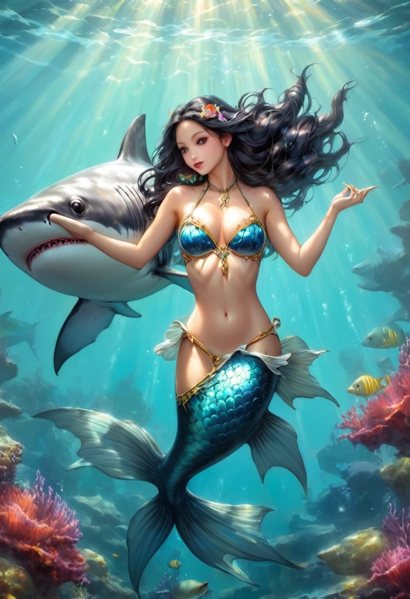 Sublime femme requin, bas du corps d'un requin, haut du corps d'une femme mermaid, avec aileron de requin dans le dos , soutien gorge effet push-up