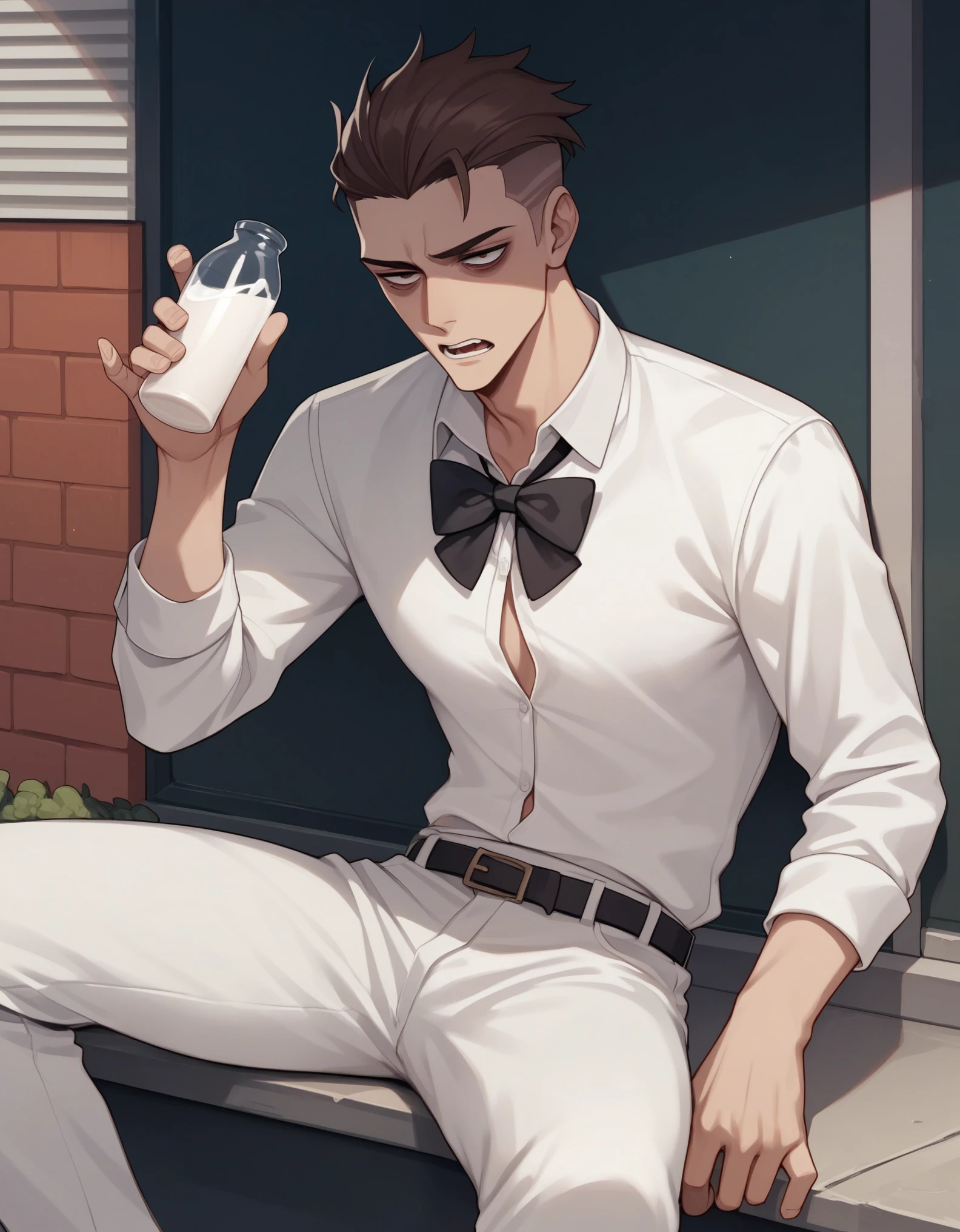 , score_9,score_8_up,score_7_up, source_cartoon, source_anime, a tall slender white male, adult male, tired expression, square face, handsome, jaw line, brown eyes, square nose, eyes half open, bags under his eyes, short dark brown hair slicked back, wearing white baggy button up shirt, white pants, black belt, sitting on a curb, holding a bottle of milk, mouth open, tired, black bow tie, 