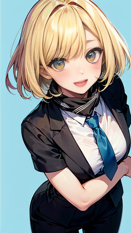 (AkiyamaYukari:1.25),

One Woman,

(Blonde:1.5),
(short,)Bobcut,

Early 20 years old,Natural skin texture,Narrow waist,Thin type,
(Asian Skin:1.9),Height: 168cm,Japanese Girl,,
Yellow eyes,Small ,Dressed securely,

((((Black business suit)))),
(((Black Business Pants))),
((tie)),
(Black scarf),

((ID photo:1.8,Plain cerulean blue background:1.6,Capture your subject from the front)),
expression(smile),upright posture,Open Mouth,Open eyes,blush,White teeth,


Natural depiction,
Beautiful depiction,
Shiny eyes,
Healthy Body,
Natural hairstyle,
Natural body contours,
Natural  contours,
(Five fingers)Absolute depiction,Symmetrical fingers,
Two arms,
Two legs,
Sharp eyelid depiction,
Symmetrical eyes,Symmetrical eyes,
Keep the subject in the center,Expand the upper body,
Beautiful image quality,
Delicate shades,
4K,Very detailed,
Delicate light adjustment,
Delicate contour drawing,