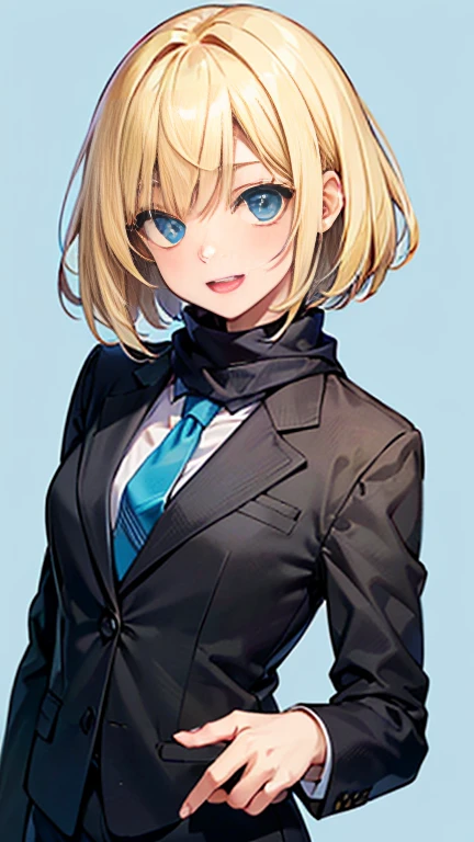 (AkiyamaYukari:1.25),
One Woman,
(Blonde:1.5),
(short,)Bobcut,
Early 20 years old,Natural skin texture,Narrow waist,Thin type,
(Asian Skin:1.9),Height: 168cm,Japanese Girl,,
Yellow eyes,Small breasts,Dressed securely,
((((Black business suit)))),
(((Black Business Pants))),
((tie)),
(Black scarf),
((ID photo:1.8,Plain cerulean blue background:1.6,Capture your subject from the front)),
expression(smile),upright posture,Open Mouth,Open eyes,blush,White teeth,
Natural depiction,
Beautiful depiction,
Shiny eyes,
Healthy Body,
Natural hairstyle,
Natural body contours,
Natural facial contours,
(Five fingers)Absolute depiction,Symmetrical fingers,
Two arms,
Two legs,
Sharp eyelid depiction,
Symmetrical eyes,Symmetrical eyes,
Keep the subject in the center,Expand the upper body,
Beautiful image quality,
Delicate shades,
4K,Very detailed,
Delicate light adjustment,
Delicate contour drawing,