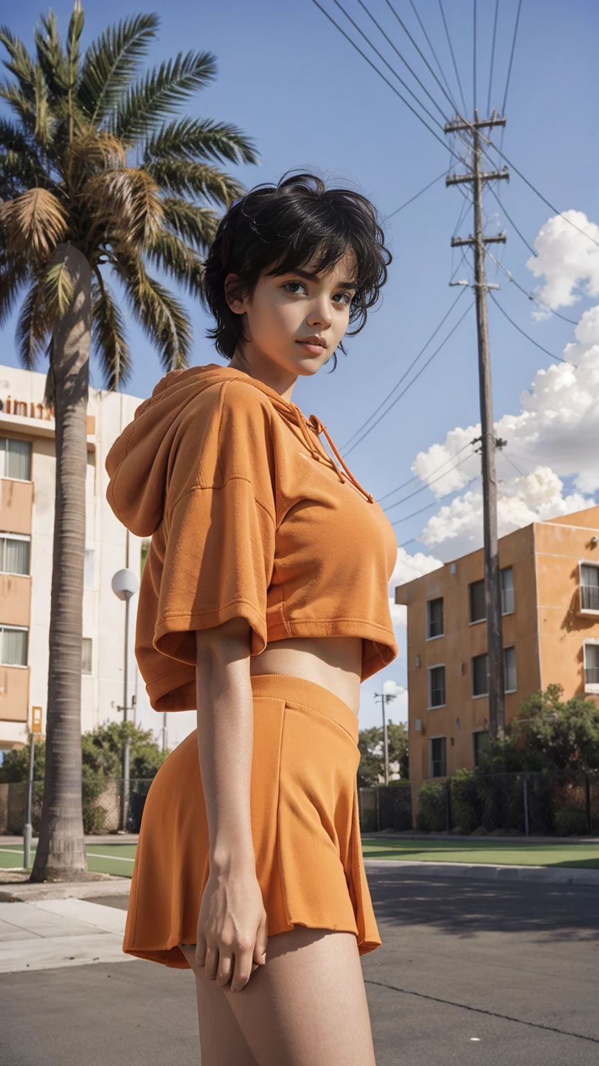 long shot portrait of cute 23 yo girl, (natural big breast) ,wear ((orange color oversized hoodie)), wear ((purple tennis skirt)),looking front,Best Quality,Masterpiece,Ultra High Resolution,(Realisticity:1.4),Original Photo, 1Girl, light leak,ultra high resolution,UHD,beautiful, (black bob hair), almond eye, no makeup, in front of (80's mondrian architecture motel), (realistic:1.2), (surreal:1.3), (very detailed:1.1), ((masterpiece)),summer, blue sky, palm trees,sunny, los angles vibes,film camera, 800mm lens,style of Philip Lorca diCorcia