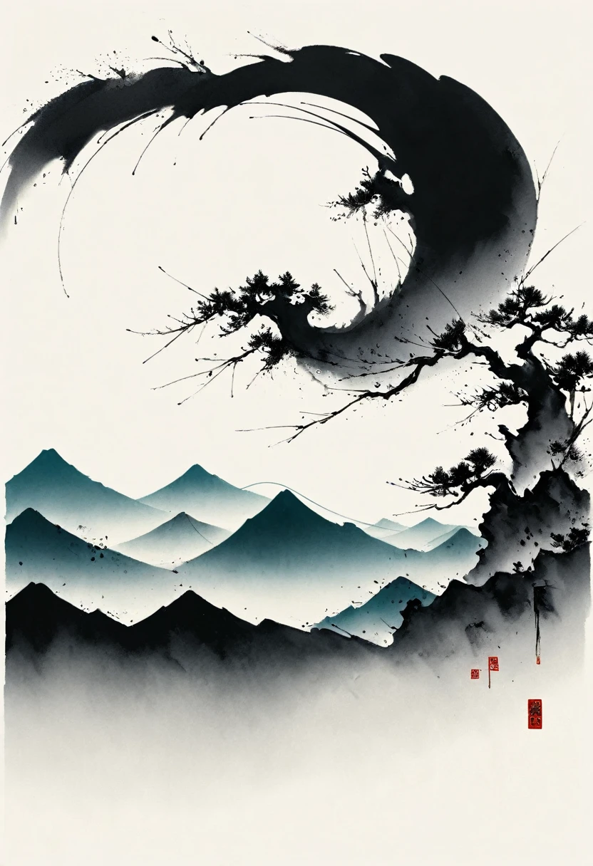 中国Ink Painting, Cyan and White, Minimum, Wire, White background,No humans,Mountain, Minimalism, Wire性风格, Huge negative space, Ink Painting, Abstract