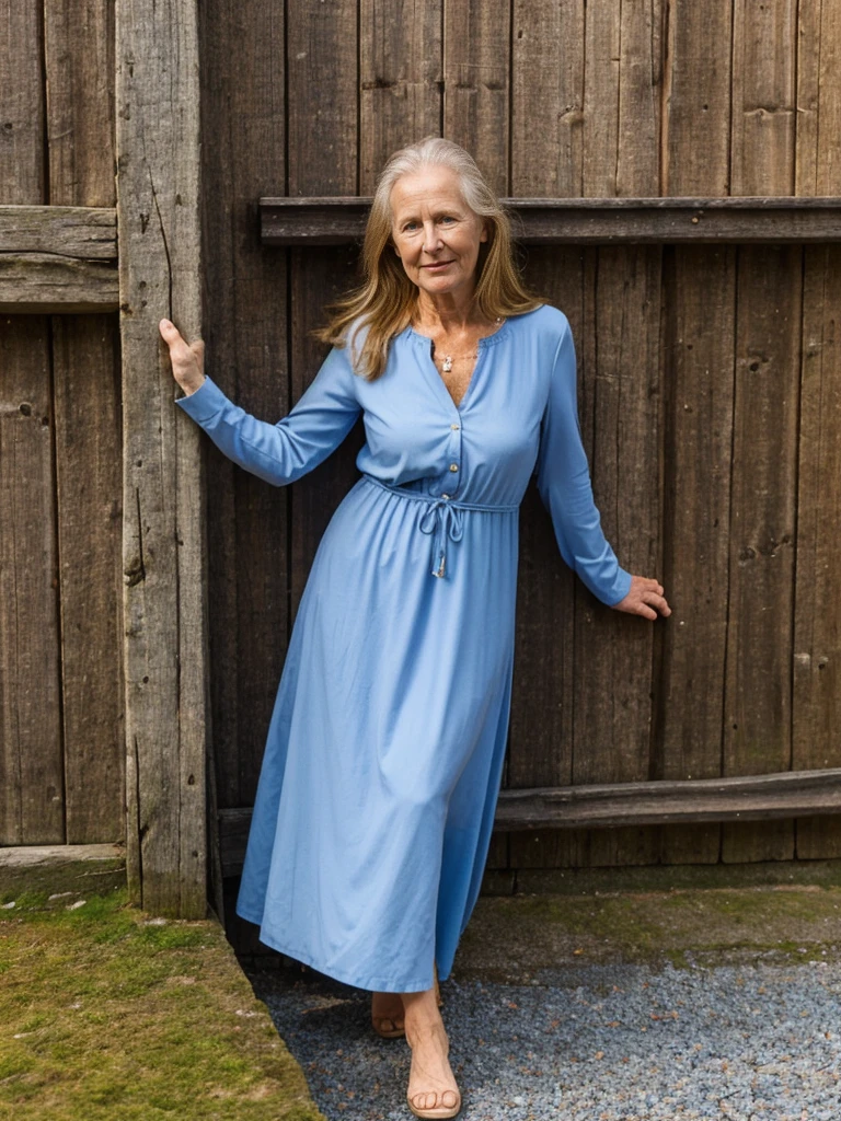 Liv Ullman, her name is Freydis, high quality, 1 old woman, ((50-year-old SLIM dutch woman)), ((50 years old)), (((wrinkled body))), ((((old body)))), (((LONG HAIR))), (((no make up))), (pale skin), (((blue eyes))), she is wearing stylish sundress Generation X wear different colors, POSE: standing, classy, elegant, BACKGROUND: outdoor: Bryggen, Bergen: Historic wooden buildings along the waterfront.