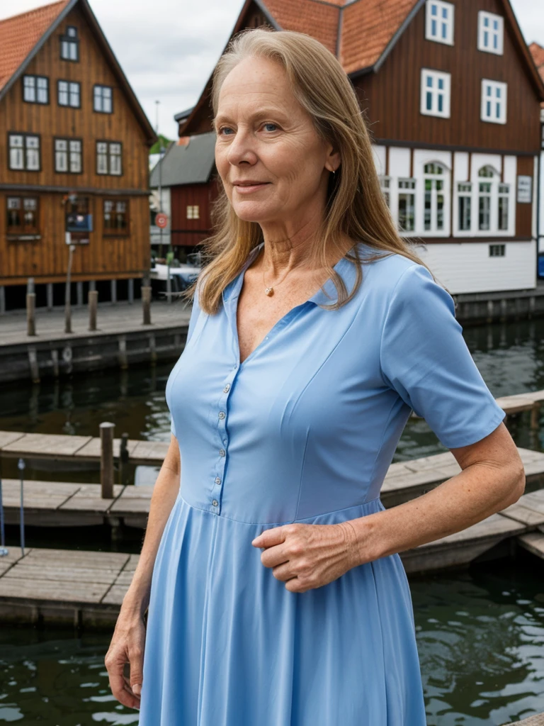 Liv Ullman, her name is Freydis, high quality, 1 old woman, ((50-year-old SLIM dutch woman)), ((50 years old)), (((wrinkled body))), ((((old body)))), (((LONG HAIR))), (((no make up))), (pale skin), (((blue eyes))), she is wearing stylish sundress Generation X wear different colors, POSE: standing, classy, elegant, BACKGROUND: outdoor: Bryggen, Bergen: Historic wooden buildings along the waterfront.