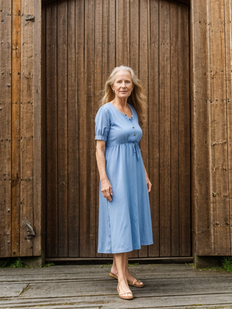 Liv Ullman, her name is Freydis, high quality, 1 old woman, ((50-year-old SLIM dutch woman)), ((50 years old)), (((wrinkled body))), ((((old body)))), (((LONG HAIR))), (((no make up))), (pale skin), (((blue eyes))), she is wearing stylish sundress Generation X wear different colors, POSE: standing, classy, elegant, BACKGROUND: outdoor: Bryggen, Bergen: Historic wooden buildings along the waterfront.