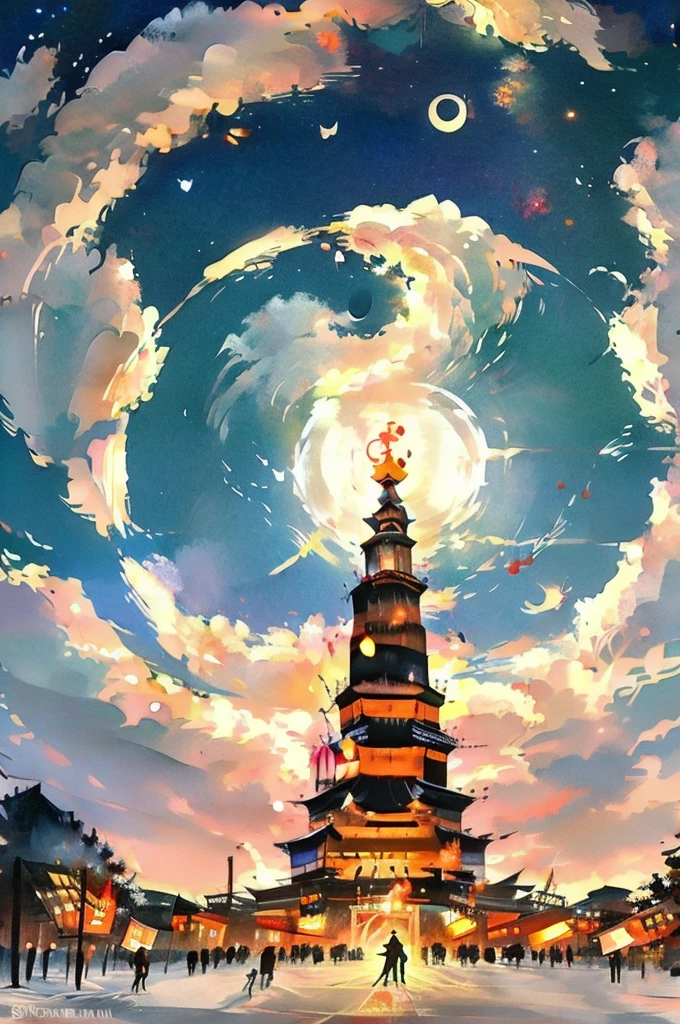 Divide it vertically into thirds、Each one is a Japanese festival in the style of modern art.、Halloween、Draw a Christmas scene。Please do not draw people。